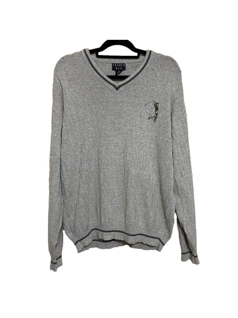 Vintage Trader Bay Men’s L Gray Knit Golf V-Neck Long Sleeve Sweater